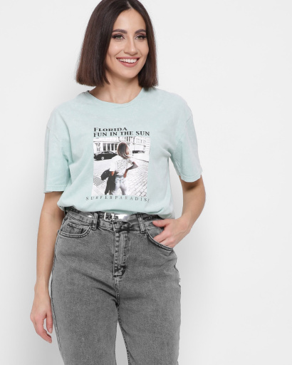 Жіноча м`ятна футболка Standart з написом Florida і малюнком дівчини 57876, Колір: М'ята, Розмір: L, зображення 3