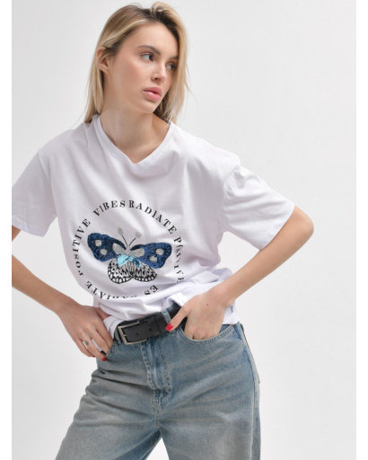 Жіноча біла футболка Standart оверсайз з принтом метелика 57928, Колір: Білий, Розмір: M, зображення 3