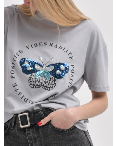 Жіноча сіра футболка Standart оверсайз з принтом метелика 57929, Колір: Сірий, Розмір: S, зображення 3