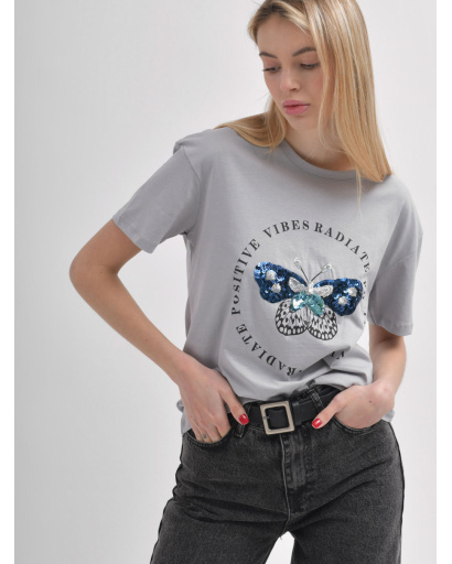 Жіноча сіра футболка Standart оверсайз з принтом метелика 57929, Колір: Сірий, Розмір: S, зображення 4