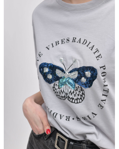 Жіноча сіра футболка Standart оверсайз з принтом метелика 57929, Колір: Сірий, Розмір: S, зображення 5