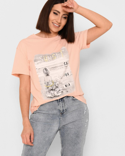 Жіноча персикова футболка з принтом і написом Sunset 57888, Колір: Персиковий, Розмір: M, зображення 2