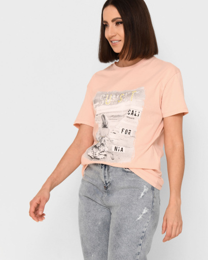 Жіноча персикова футболка з принтом і написом Sunset 57888, Колір: Персиковий, Розмір: M, зображення 3