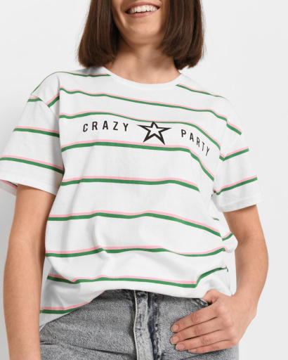 Белая футболка в полоску с надписью 57896, Цвет: Белый, Размер: S, изображение 4