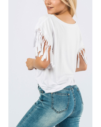 Біла жіноча футболка оверсайз з бахромою 58033, Колір: Білий, Розмір: XS, зображення 2