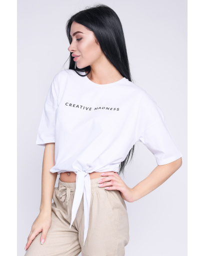 Білий кроп топ із творчим написом "Creative madness" 57858, Колір: Білий, Розмір: XS, зображення 2