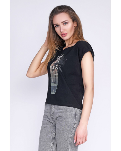 Чорна бавовняна футболка з принтом 58042, Колір: Чорний, Розмір: XS, зображення 2