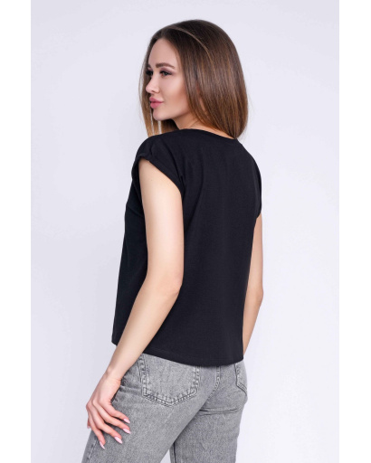 Чорна бавовняна футболка з принтом 58042, Колір: Чорний, Розмір: XS, зображення 3