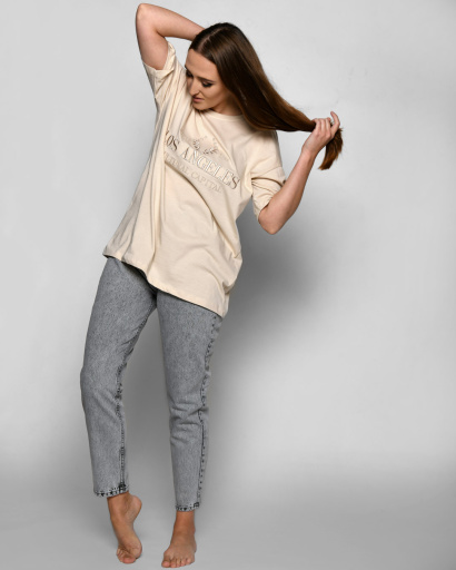 Женская бежевая футболка с вышивкой Los Angeles 57915, Цвет: Бежевый, Размер: L, изображение 4