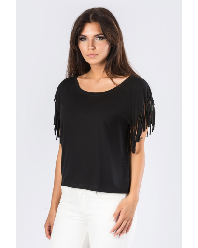 Чорна жіноча футболка оверсайз з бахромою 58037, Колір: Чорний, Розмір: XS, зображення 2