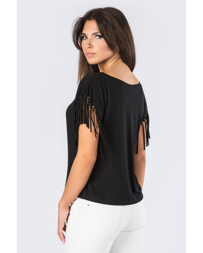 Чорна жіноча футболка оверсайз з бахромою 58037, Колір: Чорний, Розмір: XS, зображення 3