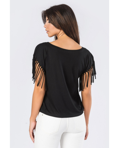 Чорна жіноча футболка оверсайз з бахромою 58037, Колір: Чорний, Розмір: XS, зображення 4