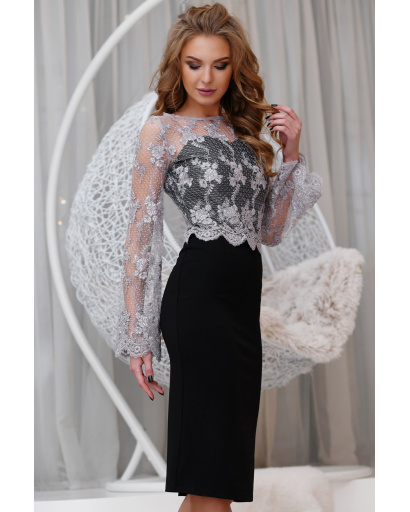 Двокольорова вечірня сукня з ажуром 29073, Колір: Срібний, Розмір: XS, зображення 3