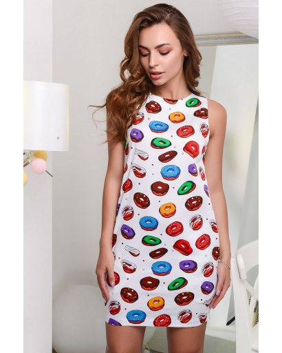 Коротка біла сукня з кишенями та малюнком в пончик 27165, Колір: Білий, Розмір: S, зображення 2