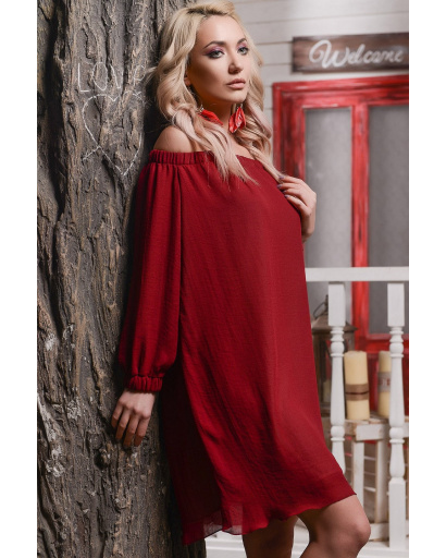 Шифоновое платье оверсайз с открытыми плечами на резинке 33096, Цвет: Бургунди, Размер: XS, изображение 2