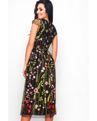 Черное платье с разноцветной цветочной вышивкой 29144, Цвет: Черный, Размер: S, изображение 2