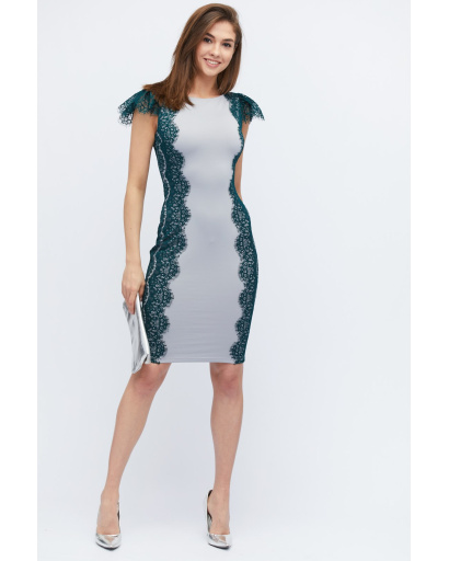 Облегающее платье миди с гипюром 32801, Цвет: Смарагдовий, Размер: XS, изображение 2
