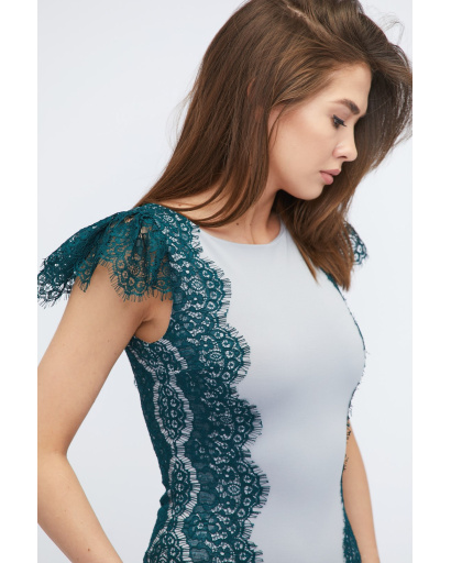 Облегающее платье миди с гипюром 32801, Цвет: Смарагдовий, Размер: XS, изображение 3