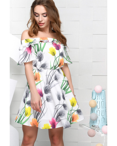 Шифоновое белое платье с открытыми плечами 26539, Цвет: Белый, Размер: M, изображение 3