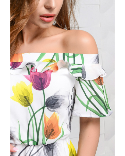 Шифоновое белое платье с открытыми плечами 26539, Цвет: Белый, Размер: M, изображение 4