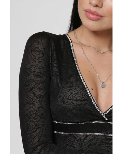 Черное платье с глубоким вырезом со стразами 29142, Цвет: Черный, Размер: XS, изображение 3