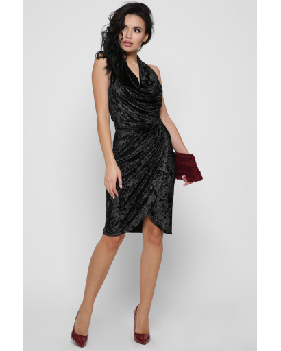 Велюровое черное платье на запАх с открытой спинкой 29130, Цвет: Черный, Размер: XS, изображение 2