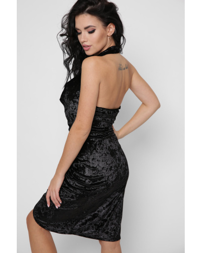 Велюровое черное платье на запАх с открытой спинкой 29130, Цвет: Черный, Размер: XS, изображение 4