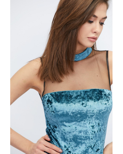 Велюровое мини платье с чокером 32772, Цвет: Морская волна, Размер: XS, изображение 3