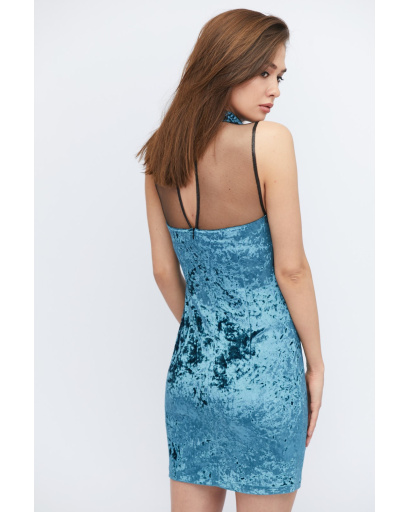 Велюровое мини платье с чокером 32772, Цвет: Морская волна, Размер: XS, изображение 4