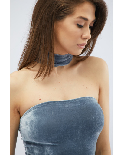 Вельветовое платье бандо с чокером 32496, Цвет: Серый, Размер: XS, изображение 4