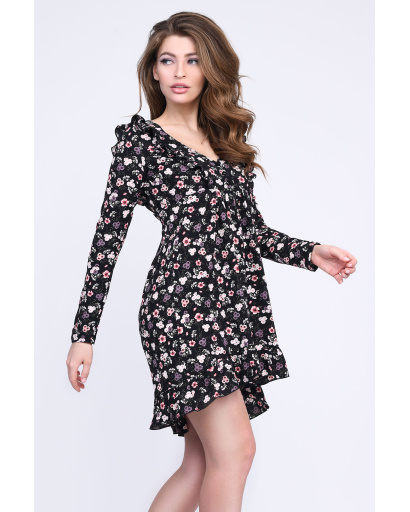 Чёрное платье в цветочек с рюшами 35307, Цвет: Черный, Размер: XS, изображение 2