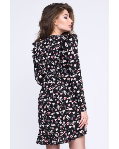 Чёрное платье в цветочек с рюшами 35307, Цвет: Черный, Размер: XS, изображение 3