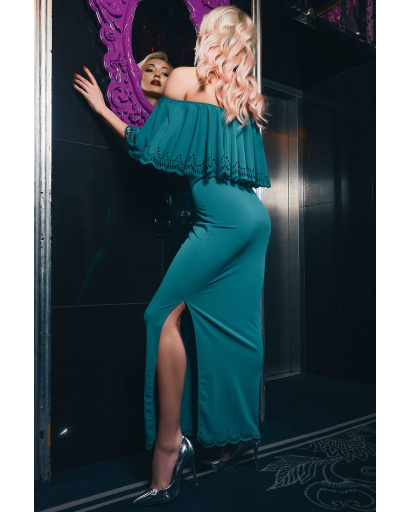 Сукня до підлоги з відкритими плечима і воланом 33137, Колір: Зелений, Розмір: XS, зображення 2