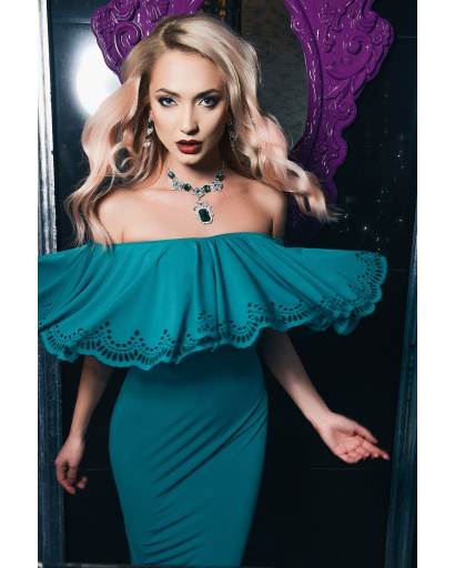 Сукня до підлоги з відкритими плечима і воланом 33137, Колір: Зелений, Розмір: XS, зображення 3