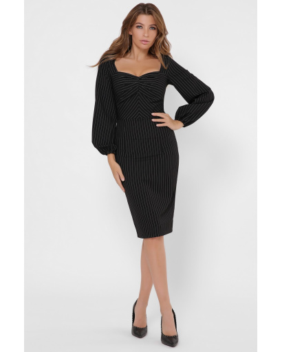 Офісна сукня міді у вертикальну смужку 36119, Колір: Чорний, Розмір: XS, зображення 2
