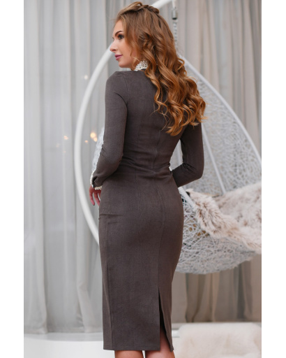 Міді сукня з декорованим коміром і манжетами 28828, Колір: Коричневий, Розмір: S, зображення 3