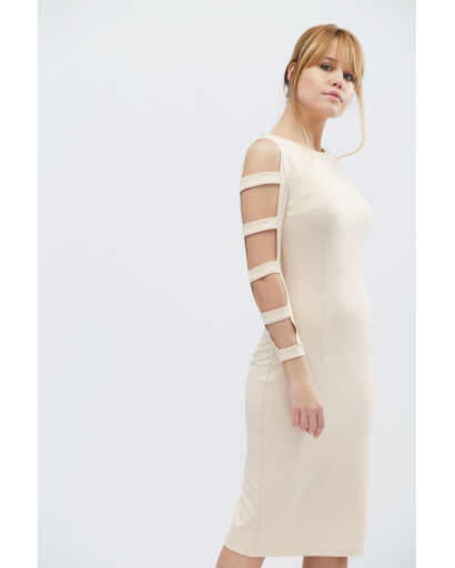 Сукня футляр з розрізами на рукавах 32321, Колір: Бежевий, Розмір: XS, зображення 3