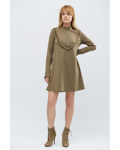 Свободное платье с длинным рукавом и рюшами 32322, Цвет: Хаки, Размер: XS, изображение 2