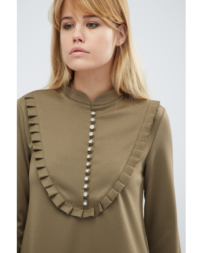 Свободное платье с длинным рукавом и рюшами 32322, Цвет: Хаки, Размер: XS, изображение 3