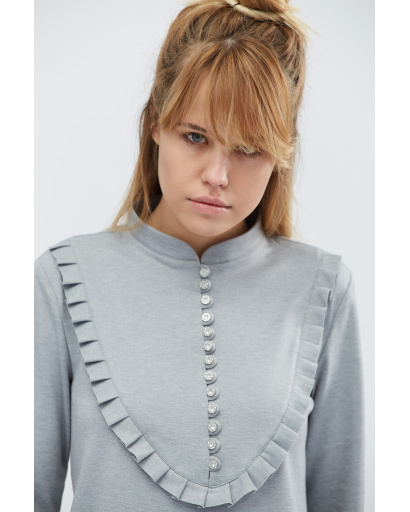 Свободное серое платье с длинным рукавом и рюшами 32323, Цвет: Серый, Размер: XS, изображение 3