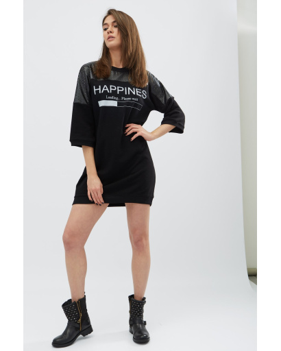 Сукня oversize зі вставками з еко шкіри та написом 31951, Колір: Чорний, Розмір: L, зображення 2