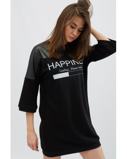 Сукня oversize зі вставками з еко шкіри та написом 31951, Колір: Чорний, Розмір: L, зображення 5