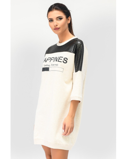 Сукня oversize зі вставками з еко шкіри та написом 31952, Колір: Бежевий, Розмір: XS, зображення 2