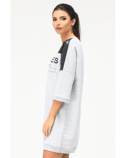 Сукня oversize зі вставками з еко шкіри та написом 31953, Колір: Св. Сірий, Розмір: XS, зображення 2