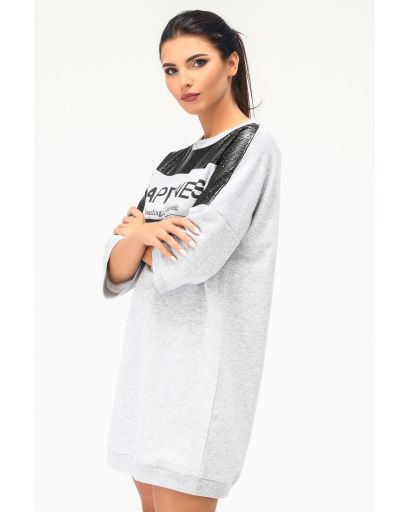 Сукня oversize зі вставками з еко шкіри та написом 31953, Колір: Св. Сірий, Розмір: XS, зображення 3