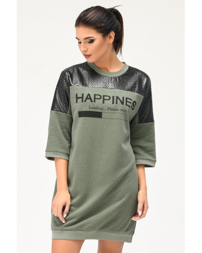 Сукня oversize зі вставками з еко шкіри та написом 31954, Колір: Хакі, Розмір: XS, зображення 2