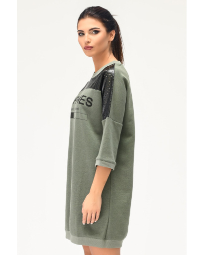 Сукня oversize зі вставками з еко шкіри та написом 31954, Колір: Хакі, Розмір: XS, зображення 3