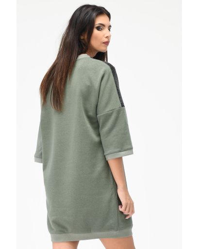 Сукня oversize зі вставками з еко шкіри та написом 31954, Колір: Хакі, Розмір: XS, зображення 4