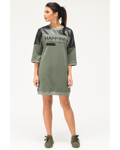 Сукня oversize зі вставками з еко шкіри та написом 31954, Колір: Хакі, Розмір: XS, зображення 5