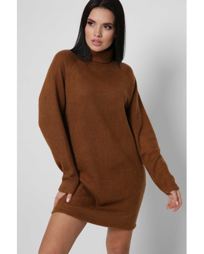 Вільна коричнева сукня-джемпер з коміром 36360, Колір: Коричневий, Розмір: XS, зображення 4